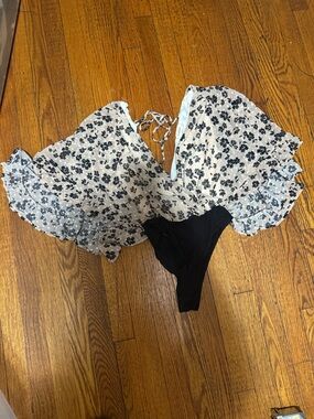 Peach Love California White Floral Chiffon Romper with Black Bodice